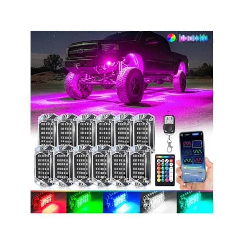 12Pods Full Angle RGB LED Rock Lights Kit for Trucks Pickup Jeep UTV ATV SXS Off-Road, 360Chip Waterproof Multicolor Underglow Light with APP/RF Remote, Pre Wired 12V Underbody Accent Light Dual Zone