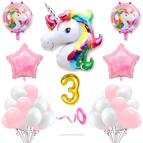 Flyloons 3rd Unicorn Theme Birthday Decoration Kit Pink White for 3 year Old Baby Boys Girls Kids 5 Pcs Unicorn Theme 30 Pcs Pastel Balloons Decoration Set Items 2 Pcs Pink Star