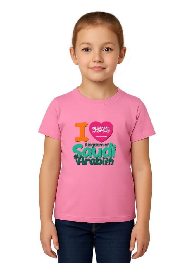Saudi International Day Girl’s T-Shirt–Cotton,Round Neck,Short Sleeve,National Print,Patriotic Design,Soft Fabric, Comfortable Fit,Casual Style,Lightweight, Durable,Cultural Theme,Ideal For Celebrations & Gifts