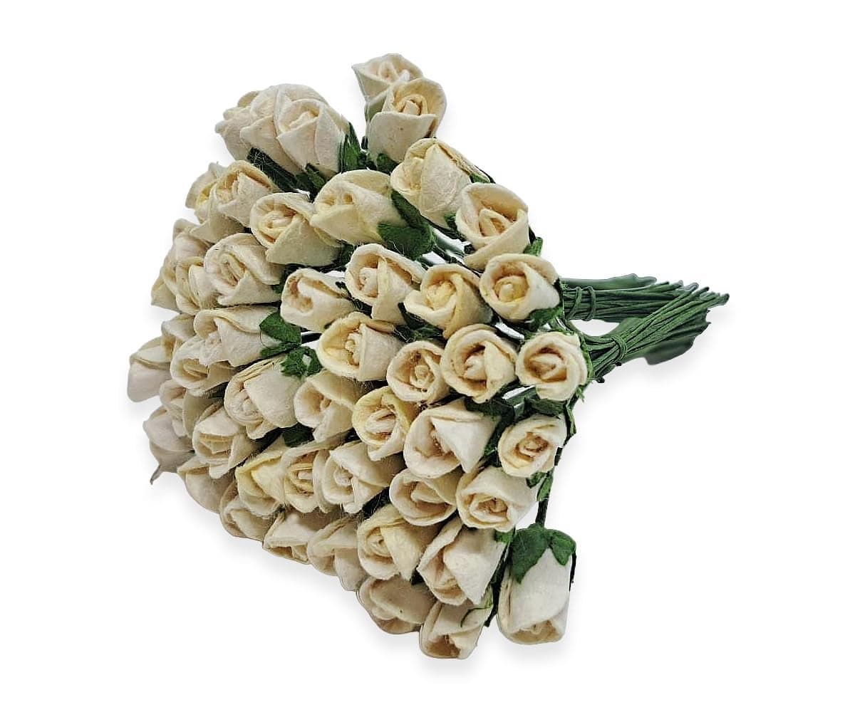 ChangThai Design Tiny Inch Diameter Cream Rosebud Paper Rose 50 Pieces Bunch of Flowers for Scrapbook Craft Mulberry Paper Mini Artificial Flower Card Wedding Dollhouse Dcor