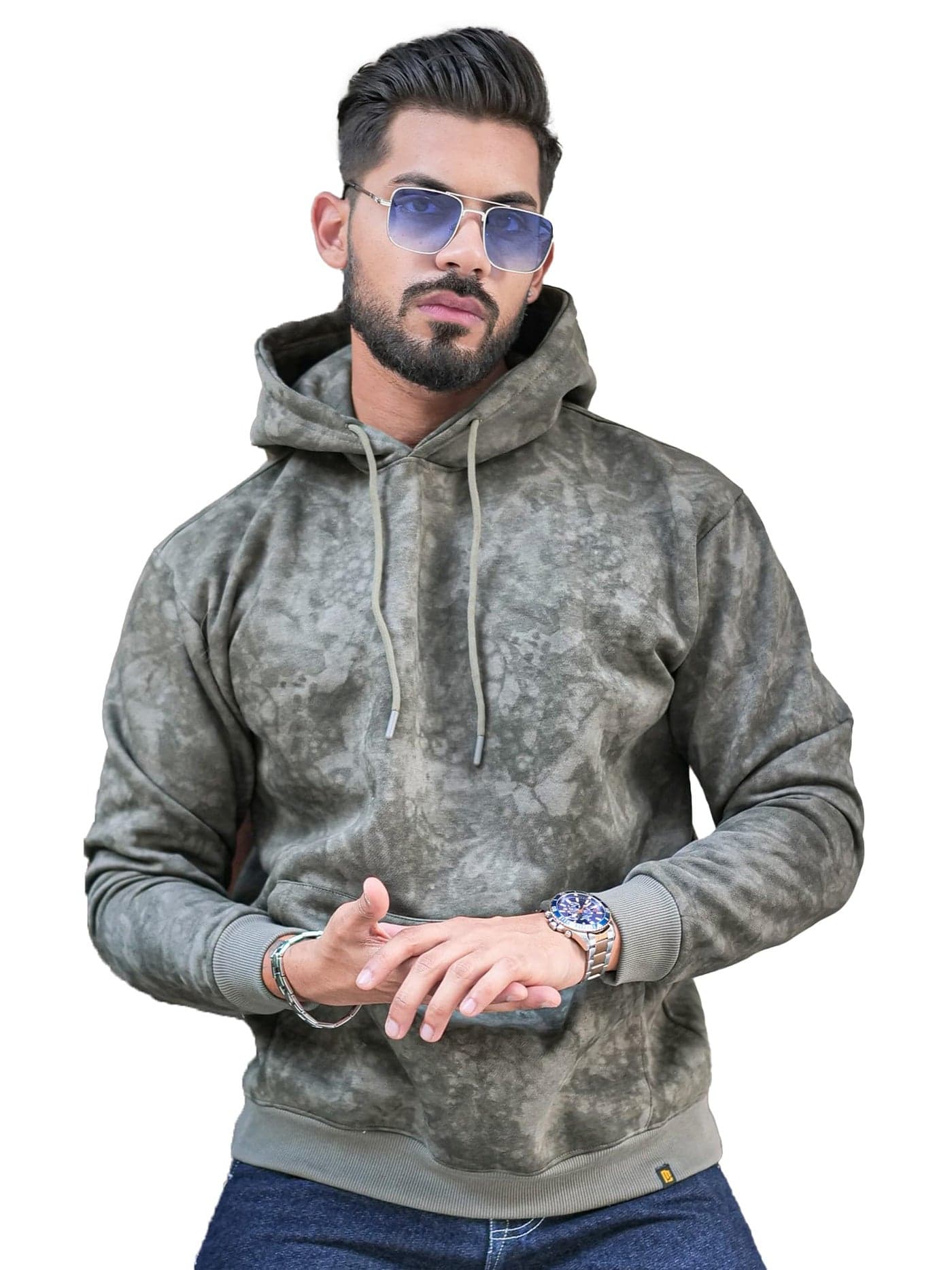 Maniac Mens Spray Printed Hooded Neck Full Sleeve Olive Loopnet Sweatshirt