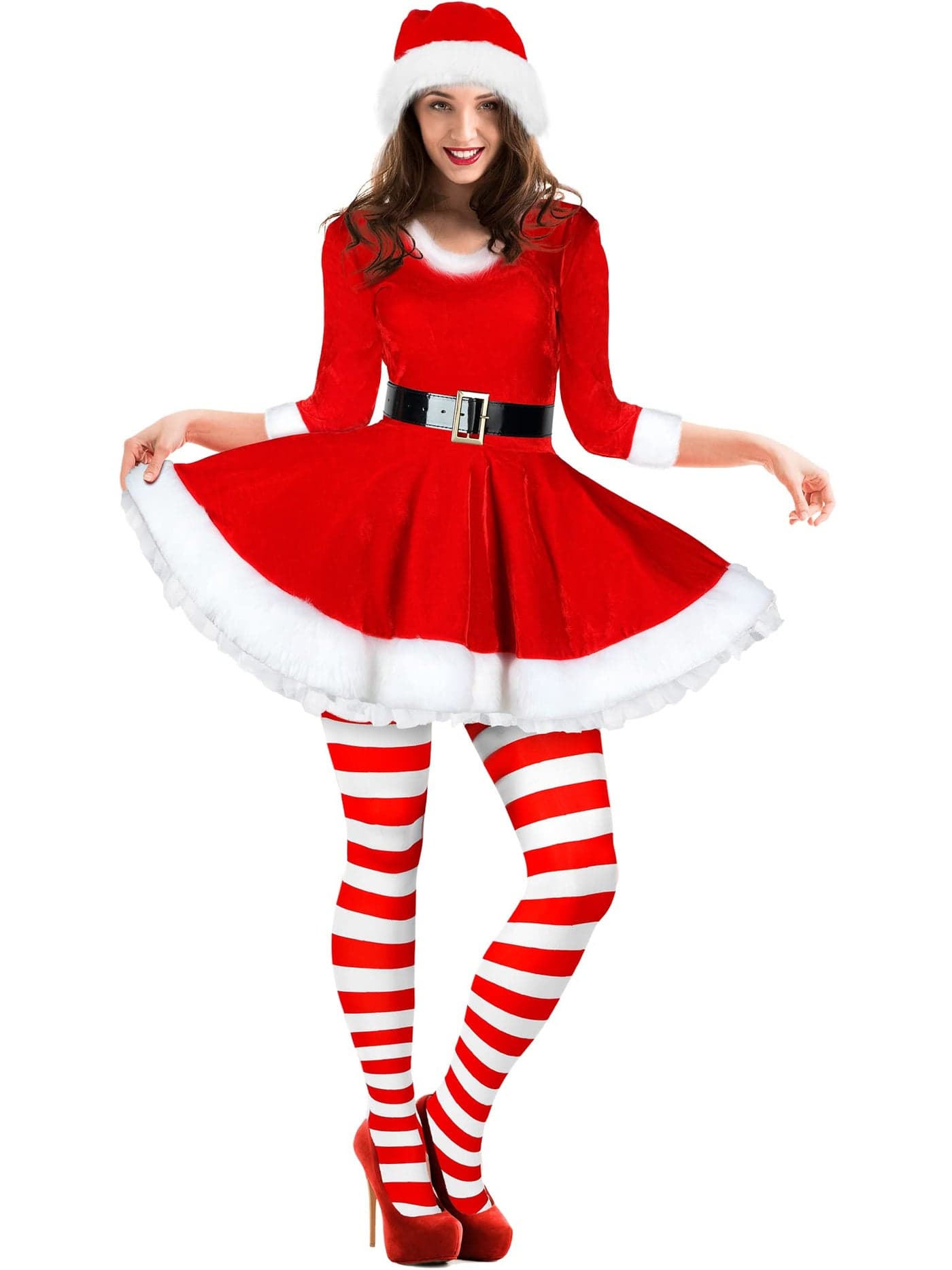Geyoga Womens Santa Claus Costume Set Velvet Dress with Belt Womens Xmas Striped Tights Santa Hat Set Dress CosplayXLargeRed