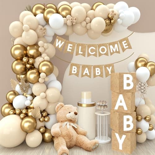 Boho Baby Shower Decorations97Pcs Burlap Grain Baby BoxesNude and Gold Balloons Arch Kit and WELCOME BABY Banner for Neutral Baby Shower DecorationsBirthday Party SuppliesGender Reveal