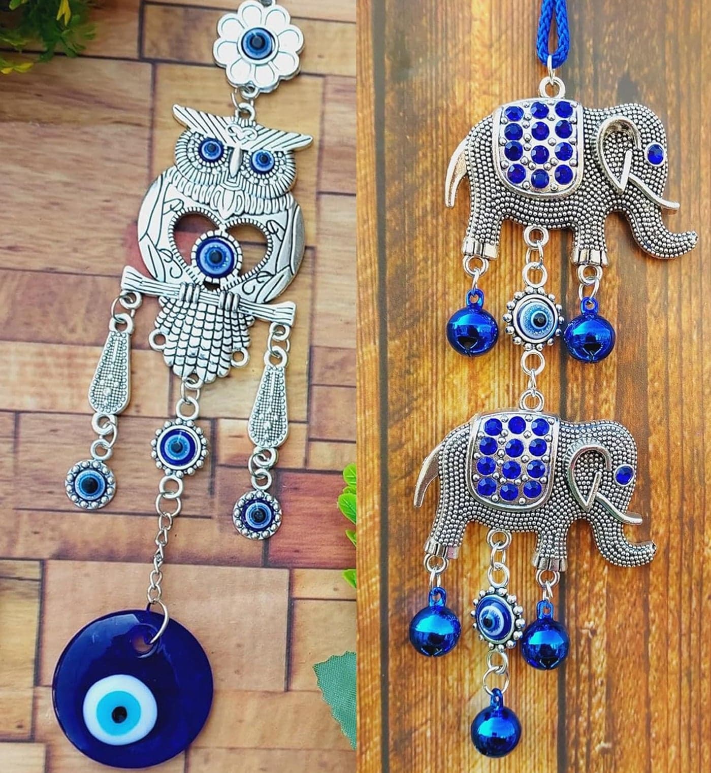 ARTISKRITI Evil Eye Hanging Owl and Elephant Nazar Battu for Home House Entrance Protection, Aesthetic Home Decor Feng Shui Items for Positive Energy, Set of 2