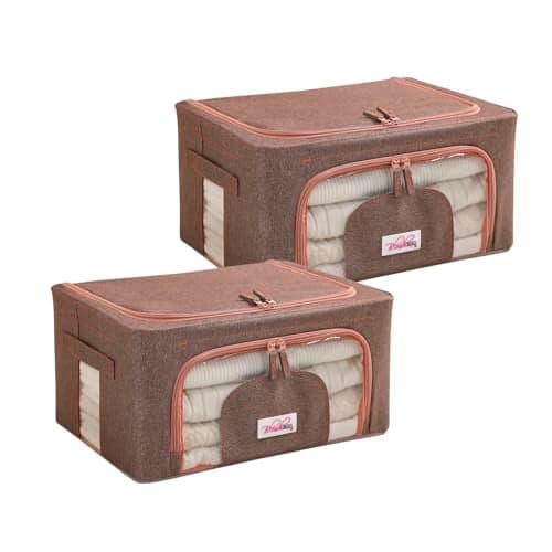 BlushBees Metal Living Box - 600D Oxford Fabric Cloth Storage Bags, Wardrobe Organizer - 24 Litre, Pack Of 2, English Brown
