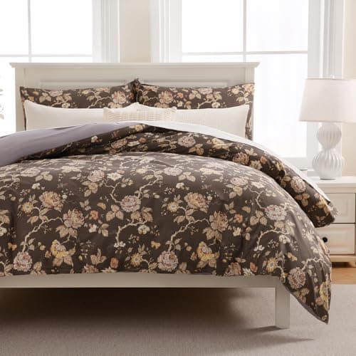 Zusbest Grey Brown Duvet Cover Set Queen Size 100 Cotton Shabby Vintage Floral Bedding Mocha Comforter Cover with Zipper Soft SkinFriendly Breathable Peony Flower Print Bed Set 3 Pcs