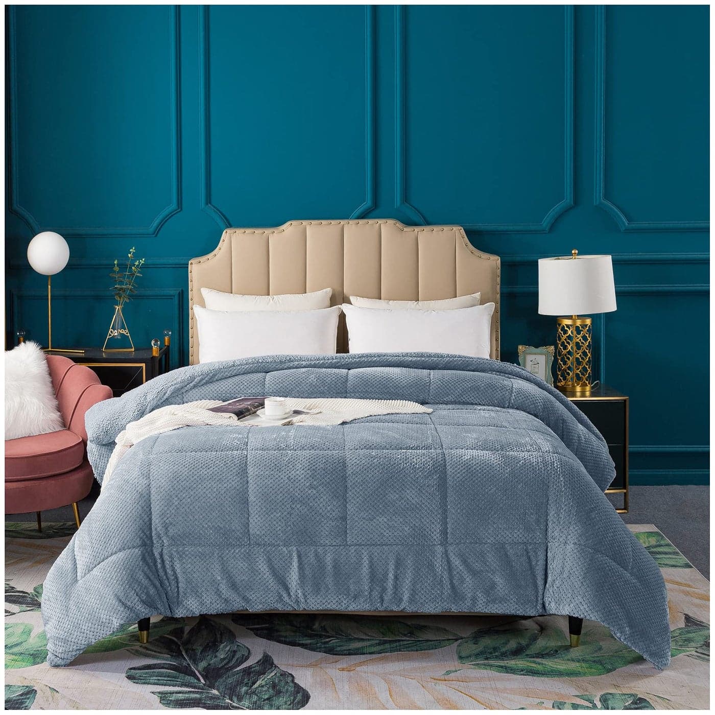 KASENTEX Super Ultra Soft Luxury Plush Sherpa Comforter Cozy Reversible Faux Fur Machine Washable Bedding Grey Blue Queen Size