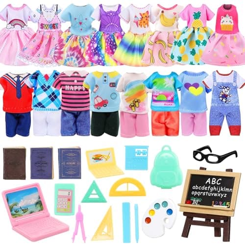 22 PCS 6 inch Dolls School Set Doll Clothes and Accessories Including 2 Clothes Sets 3 Fashion Dresses 1 Computer 1 Glasses and 15 pcs Study Accessories