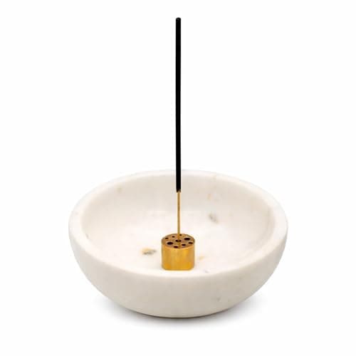 KC KULLICRAFT Handcrafted Natural Marble Incense Holder with Brass Insert | Extra-Wide Ash Catcher Bowl for Pooja, Meditation & Home Décor | 12 cm (4.7 Inch).