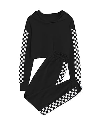 Meikulo Crop Tops Hoodies for Teen Girls Clothes Kids Cute T Shirts Long Sleeve Fashion Sweatshirts and Sweatpants 2 Piece Outfits Sweatsuit Clothing Sets Black, 11-12 Years