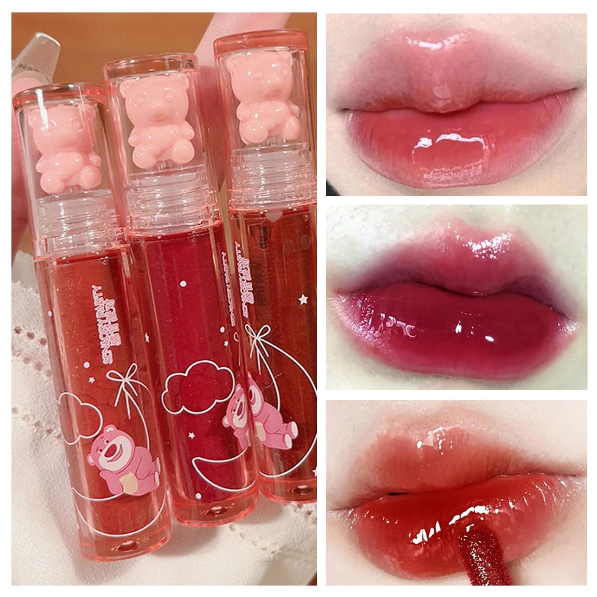 Blopuivo 3 Colors Bear Lip GlossJelly Lip GlazeCute Liquid Lipstick Bear Lip Stain Watery Lipgloss Plumping Lip Tint Moisturizing Waterproof Long Lasting for Lip and Cheek