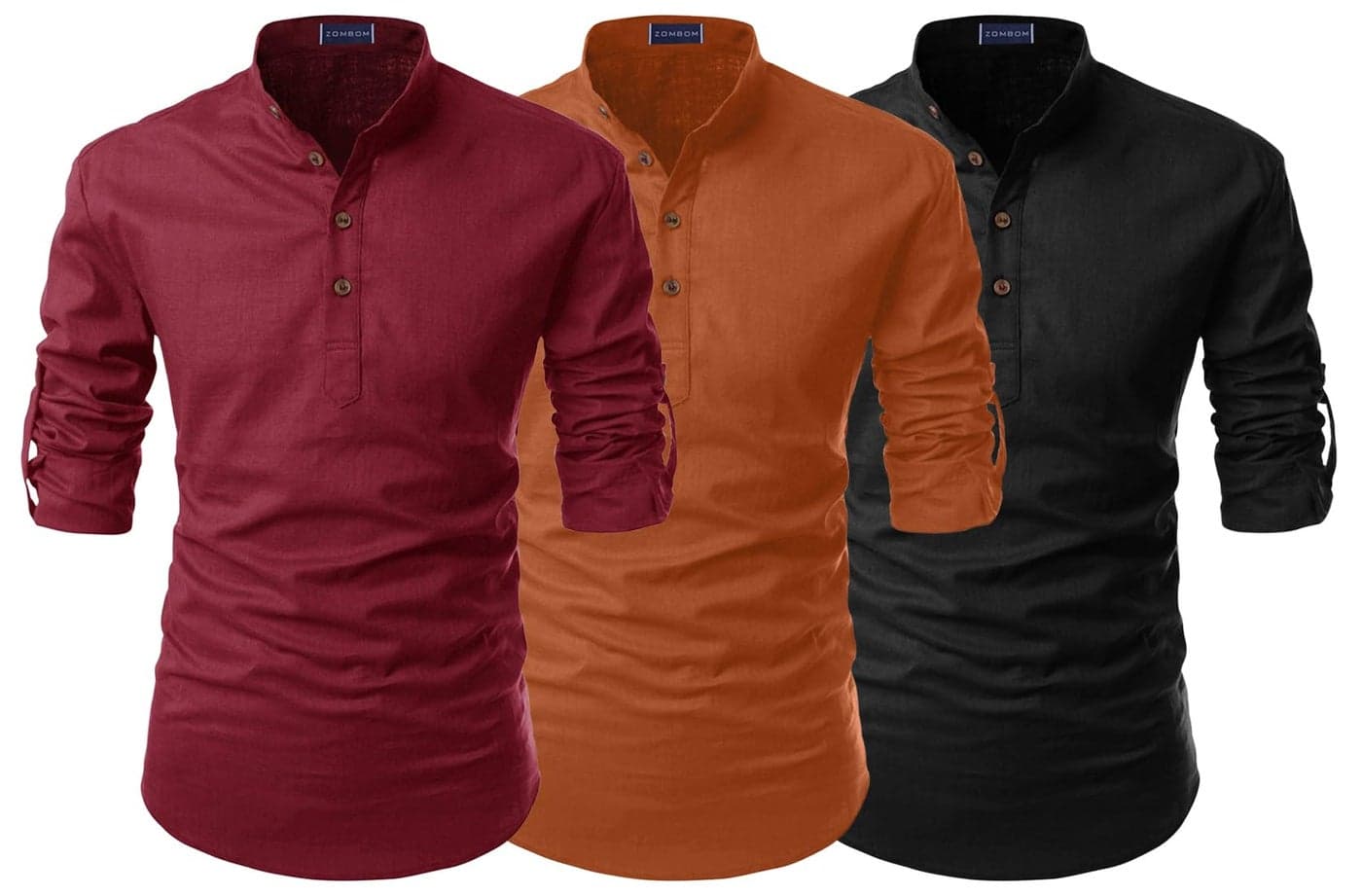 Zombom Men's Cotton Blend Solid Regular Fit Full Sleeve Kurta Shirt (Pack of 3)(Maroon & Brown & Black, X-Large)
