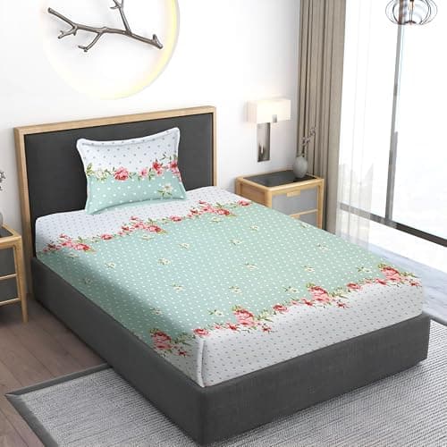 IVAZA Cotton Feel Ezyption Cotton Wrinkle Free Soft Hypoallergenic Bed Sheet | Floral Printed Single Bedsheet Size with 1 Pillow Cover (60x90 Inches Green