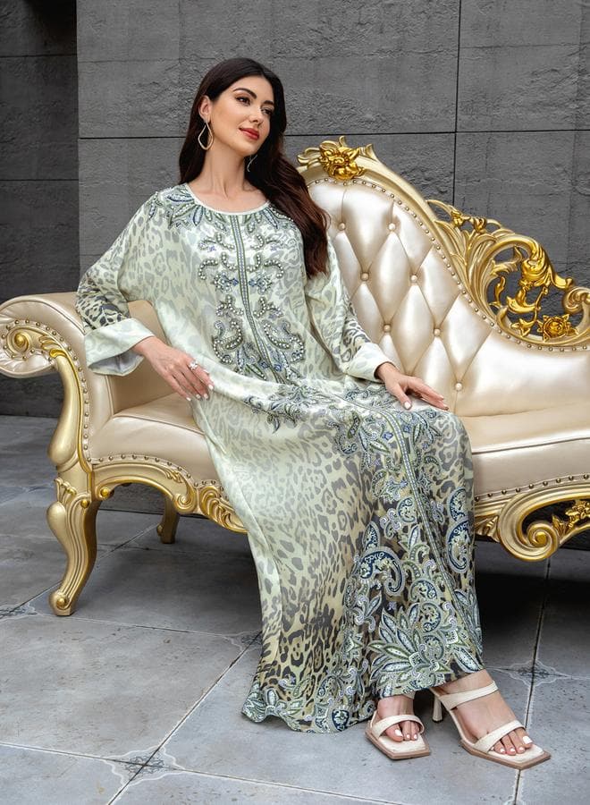 Take Two Floral Print Embellished Faux Pearl Jalabiya