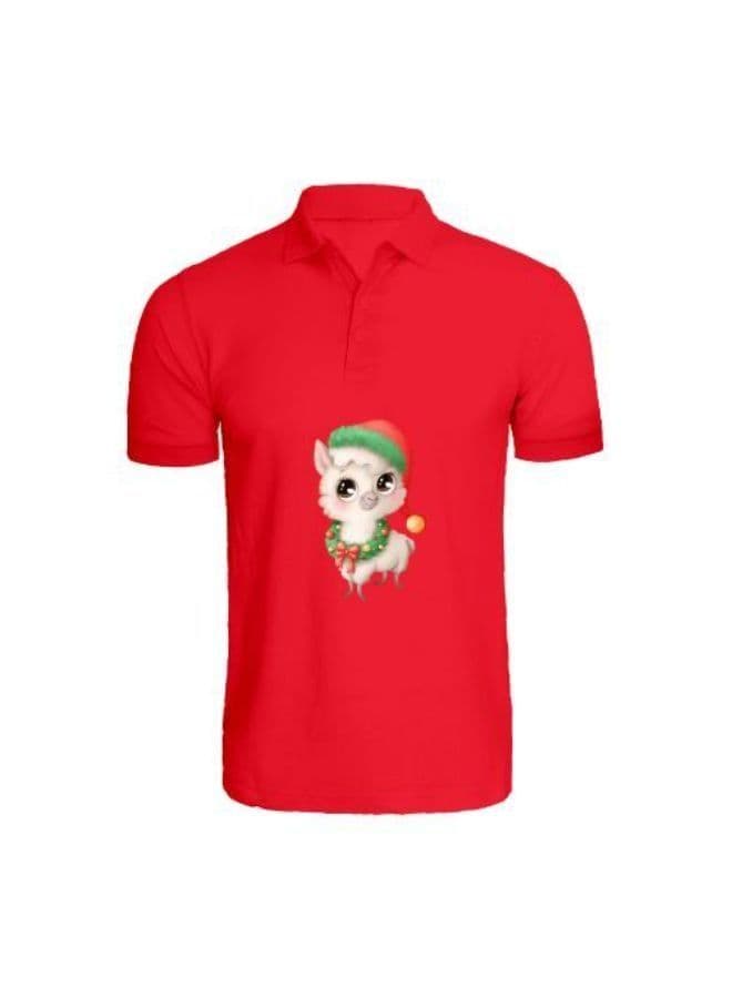 Holiday Themed Printed (Red) Cotton T-shirt (Llama with Cap) Unisex Personalized Polo Neck T-shirt (Large)-Set of 1 pc-220 GSM