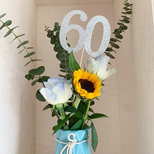10Pack Double Sided Glitter 60th Birthday Centerpiece Anniversary Centerpiece Sticks Number 60 Table Topper Cake Topper for 60th Birthday Anniversary Table Party Decorations silver