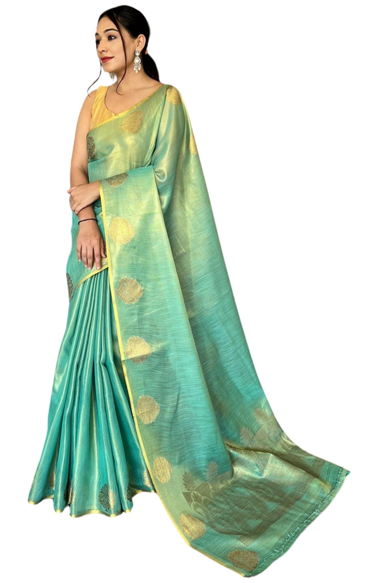 SGF11 Women's Kanjivaram Tissue Silk Saree Golden Zari With Unstitched Blouse Piece (Sea Green)