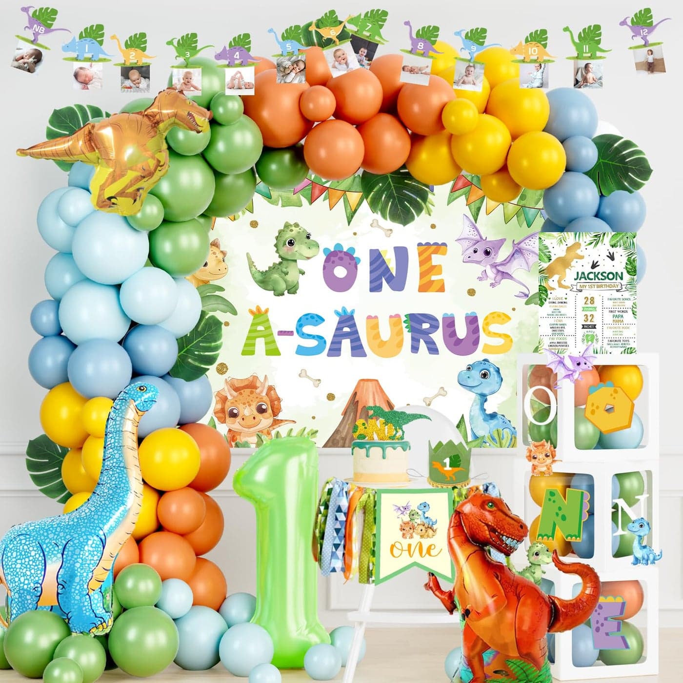 Fiesec One a Saurus Dinosaur First Birthday Party Decorations Dino Themed 1 Year Old Backdrop Banner Balloon Cake Topper Crown Box Cutouts Poster