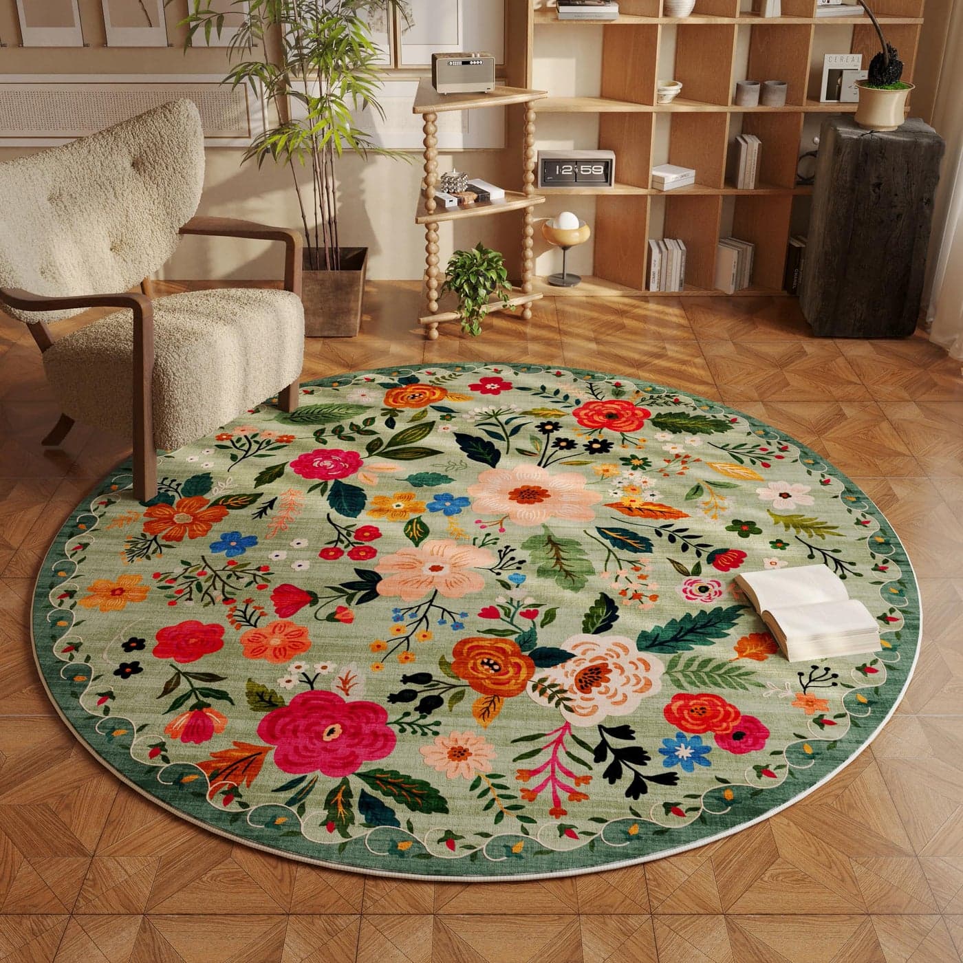 Rugcomf Round Rug 4ft Washable Circle Rug Non Slip Low Pile Boho Floral Small Circular Rug for Bedroom Bathroom Entryway Kids Room Office College DormGreen