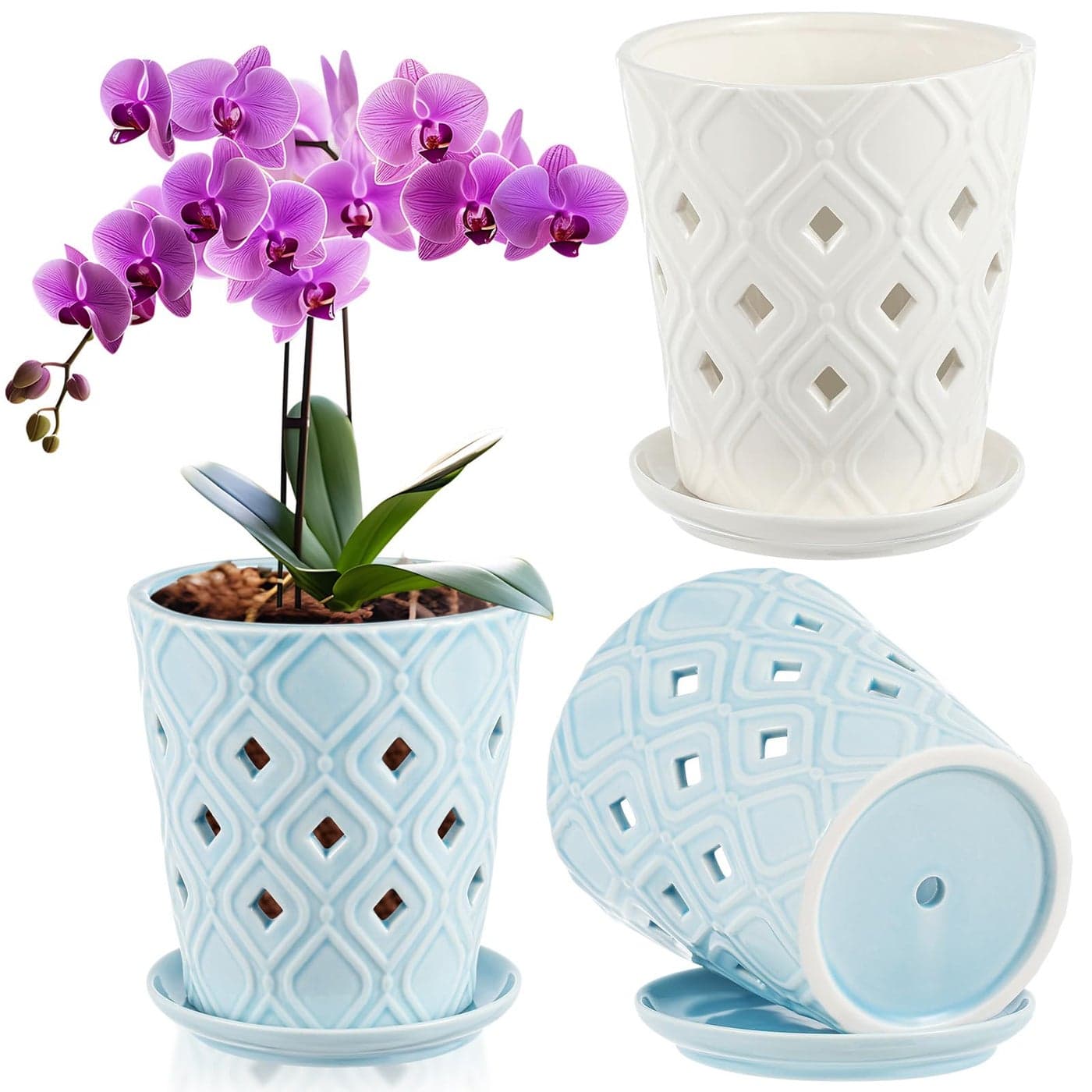 RattanView 2 Pcs 5 Inch Orchid Pots with Holes Saucer Ceramic Planter Pots Flower Containers for Repotting Indoor Outdoor Promote Drainage Air Circulation Root Health Deter Over Watering Blue White