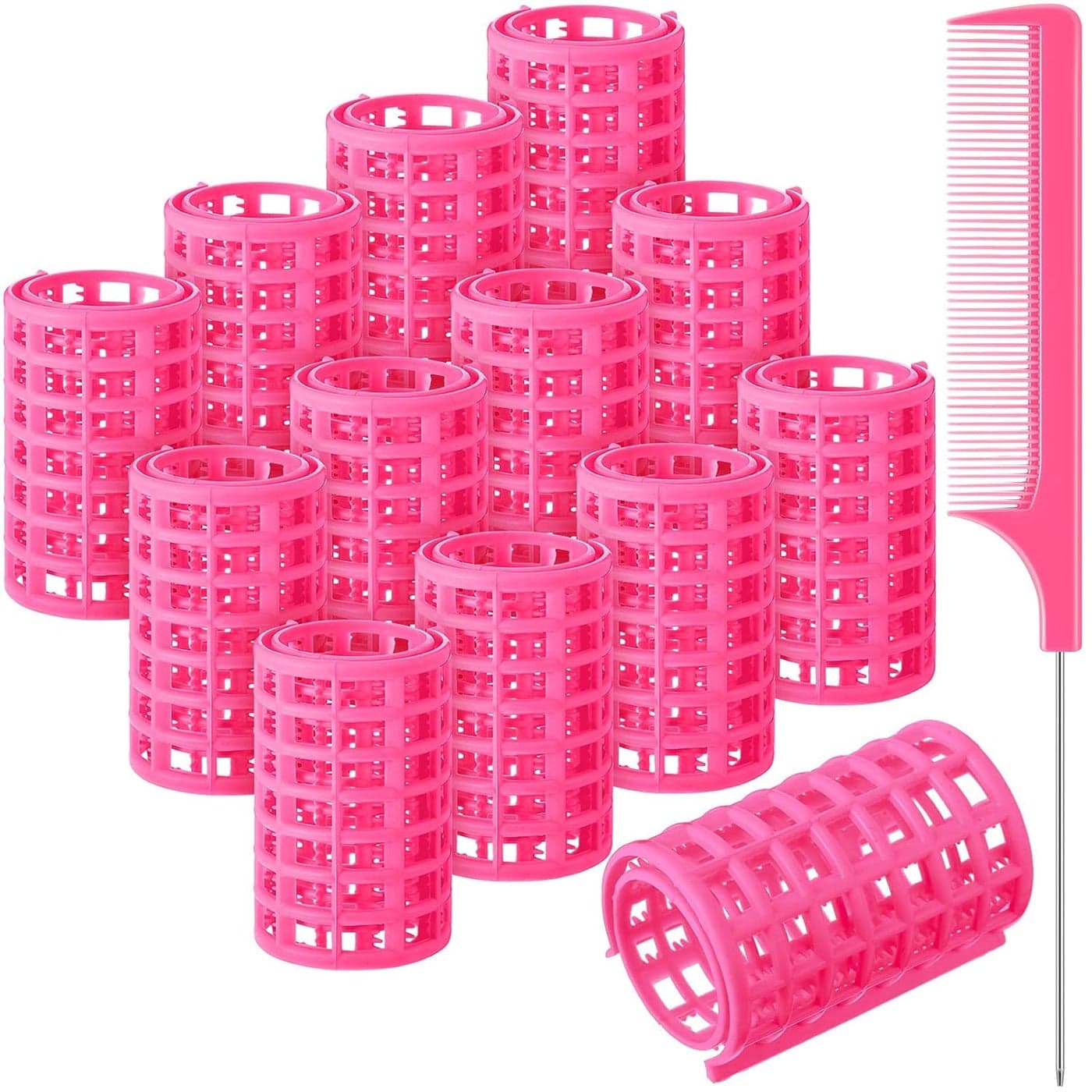 Syhood 12 Pieces Snap Hair Roller Large Size Plastic Hair Rollers Curlers with Rat Tail Comb for Hairdressing Styling Tools68 x 36 cmPink