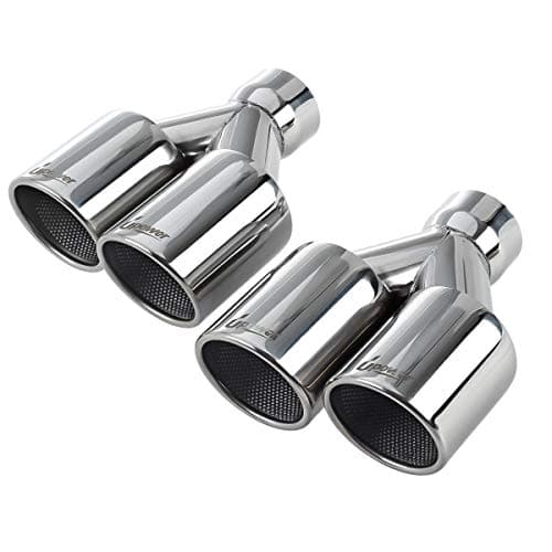 Upower 25 to 35 Dual Staggered Exhaust Tips 2 12 inch Inlet 3 12 inch Outlet 95 Long 304 Polished Stainless Weld On Double Wall Slant Pack of 2
