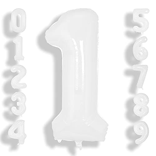 SUWEN 40 Inch White Large 1 Balloon Number Big Foil Helium Number Balloons 09 Giant Jumbo Happy 1st Birthday Party Decorations for Boy or Girl Huge Mylar Anniversary Party Supplies