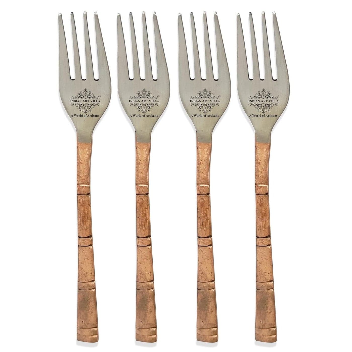 INDIAN ART VILLA Steel Copper Dessert Fork with Matte Lining Design Fork for Dessert Salad Fruit Appetizer and More Length 7 inch Set of 4