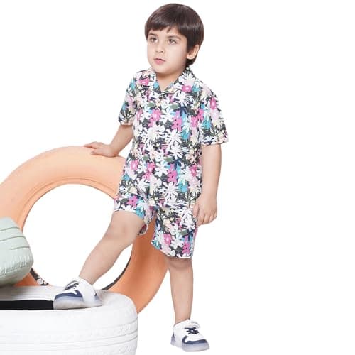 AJ DEZINES Kids Green Color Cotton Shirt Shorts Half Sleeves Floral Printed CO-ORDS Set for Boys (CO-1002-Green-1)
