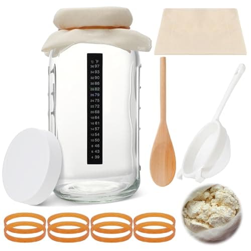 Honeydak 8 Pcs Complete Kefir Starter Kit Kombucha Fermenter Kit Half Gallon 64oz Mason Jar Wide Mouth with Plastic Storage Lid Nylon Mesh Strainer Cotton Cloth Cover and Wood Spoon