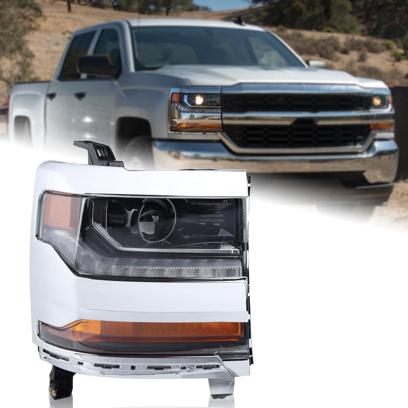 Duolctrams Chrome HIDXenon LED DRL Projector Headlight Assembly Compatible with 20162018 Chevy Silverado 15002019 Silverado 1500 LD Right Passenger Side 84388631 GM2503451