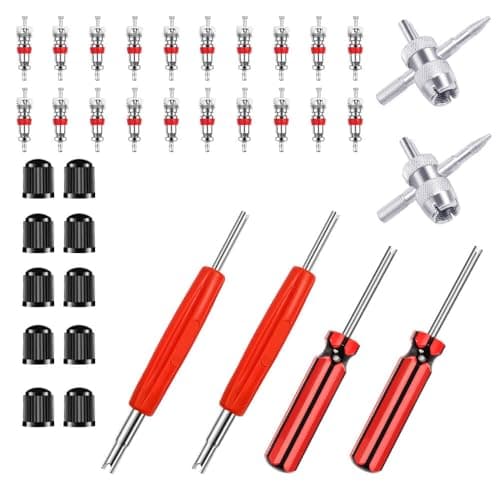 Riseuvo 6Pcs Tire Valve Stem Removal Tool Single and Double Heads Valve Core Remover 4Way Valve Tool Great Tire Repair Tool 10pcs Valve Stem Caps 20pcs Valve Stem Core