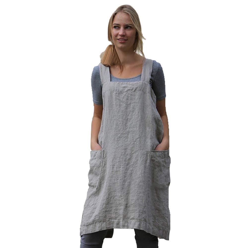 Larmliss Womens Pinafore Square Apron Baking Cooking Gardening Works Cross Back CottonLinen Blend Dress with 2 Pockets Gray