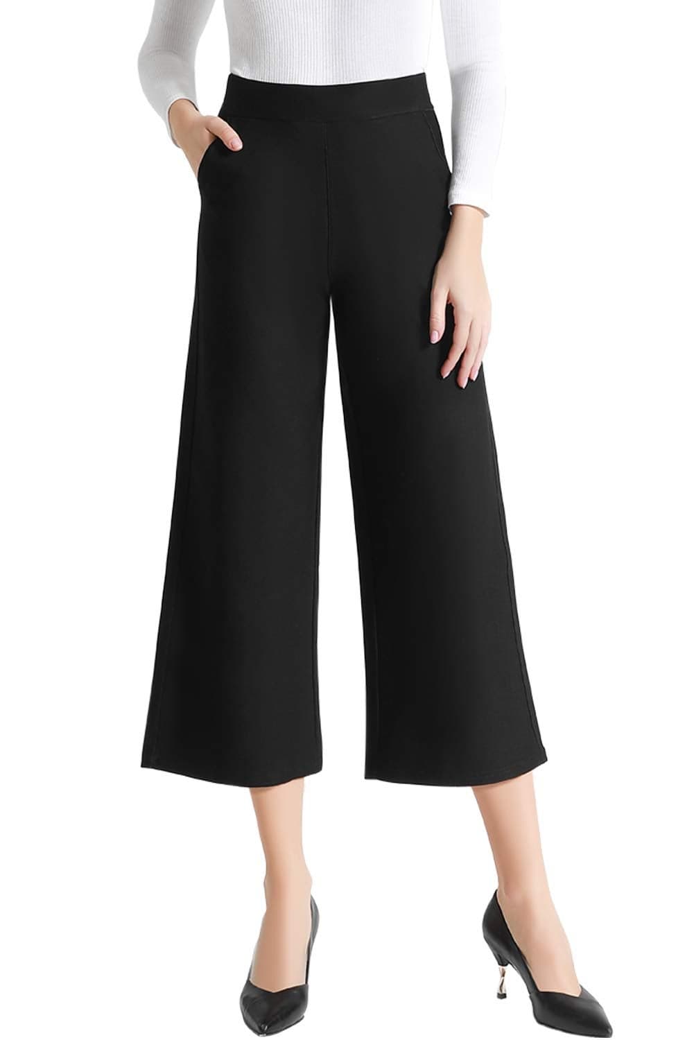 Tsful Wide Leg Pants for Women Trousers High Waisted Dress Pants Business Casual Summer Capris Stretch Pull On Work Slacks Black