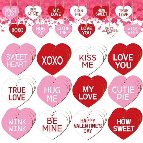 Glenmal 36 Pcs Valentine's Day Wooden Ornaments Sweet Heart Decorations Pink Red and White Wood Hanging Decor for Home Decoration Sweet Conversation Wooden Hanging Craft for Party Supplies