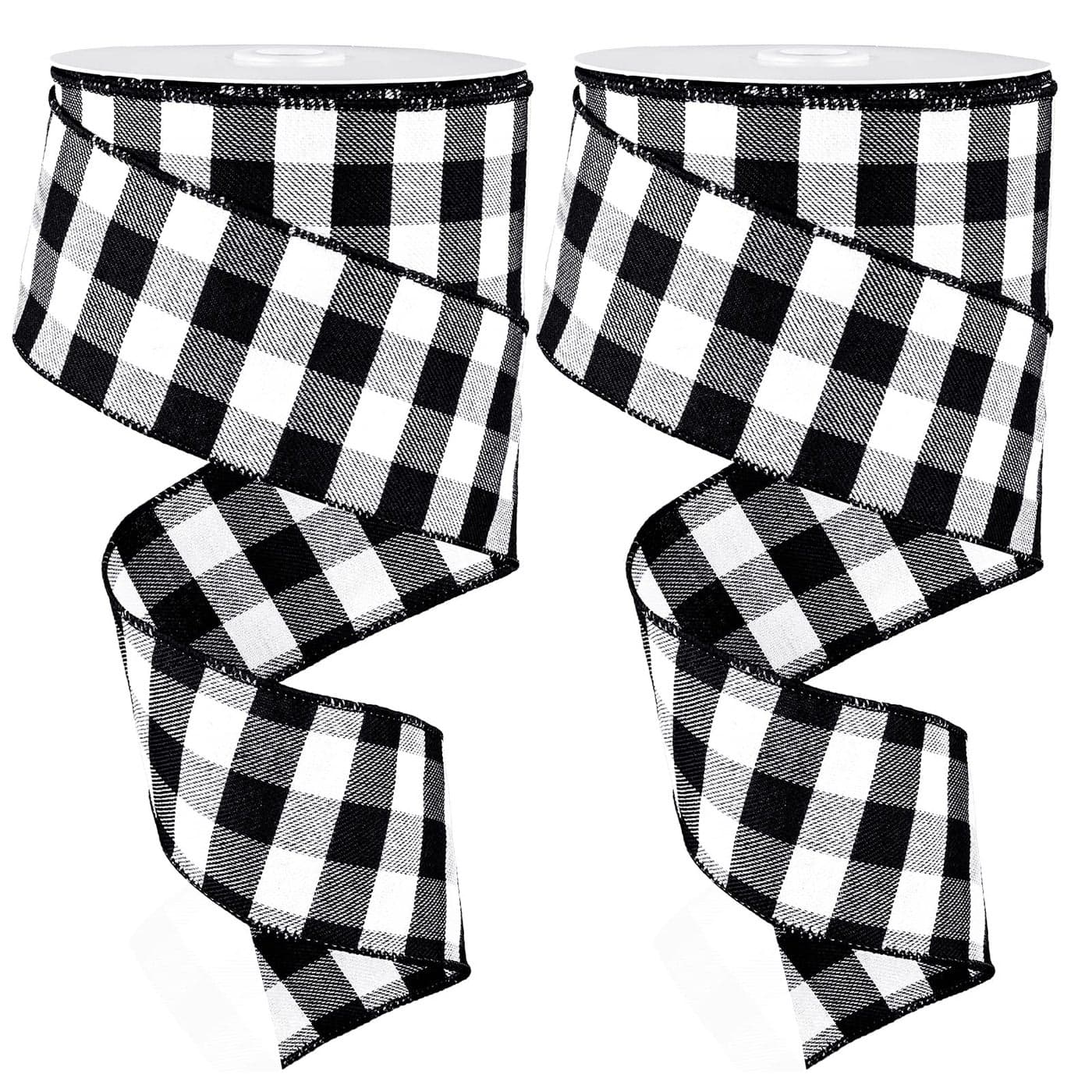 Whaline 2 Rolls Wired Edge Plaid Ribbon Christmas Buffalo Check Ribbon White Black Plaid Ribbon 25 Wide Farmhouse Craft Ribbon for DIY Gift Wrapping Wreath Xmas Tree Bow Decoration 10 Yard