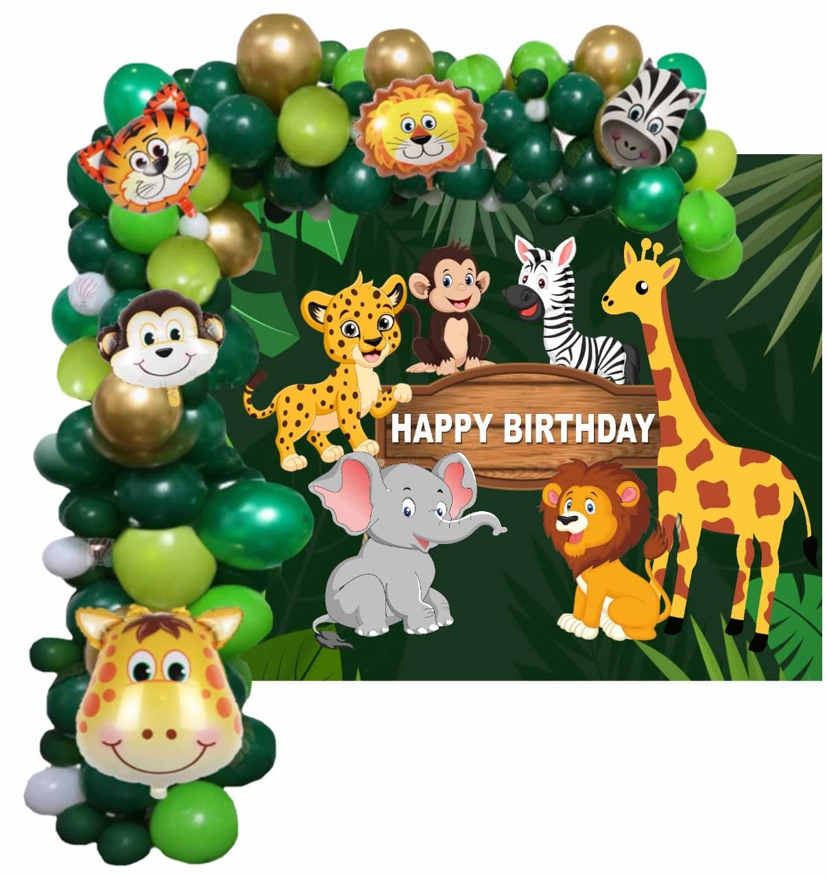 HK balloons Pack Of 98 Pcs Jungle Theme Birthday Party Decorations For Boys Forest Theme Animal Face Foil, Chrome Balloons For Theme Birthday Party Decorations With Forest Theme Backdrop Banner