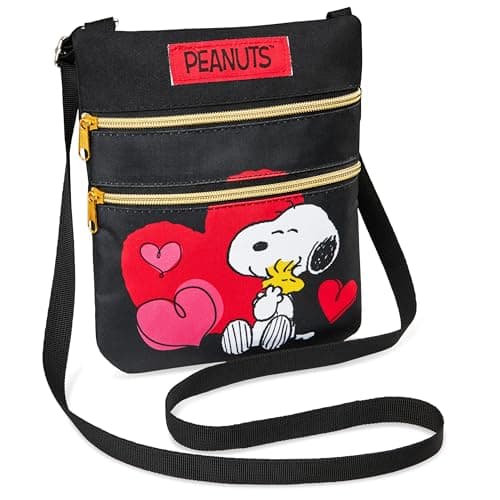 Peanuts Snoopy Crossbody Bag Girls Purse for Kids Teens Women Fashion Shoulder Bag (Black, 9.44x7.87x0.19inch)