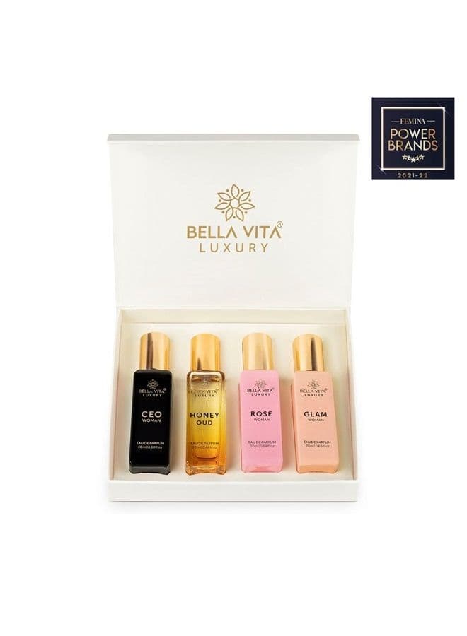 Women's Luxury Perfume Gift Set 4x20 ML | Luxury Scent with Long Lasting Fragrance Eau De Parfum | CEO Woman | Honey Oud | Glam | Rose 80 ML