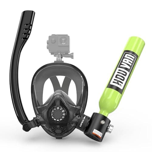 HOUVAN Mini Scuba Tank with Snorkel Mask 0.5L Inflatable Diving Tank with Full Face Diving Mask Pony Bottle Backup Diving Air Tank Suits for Recreational Snorkeling Shallow Diving,A-Green
