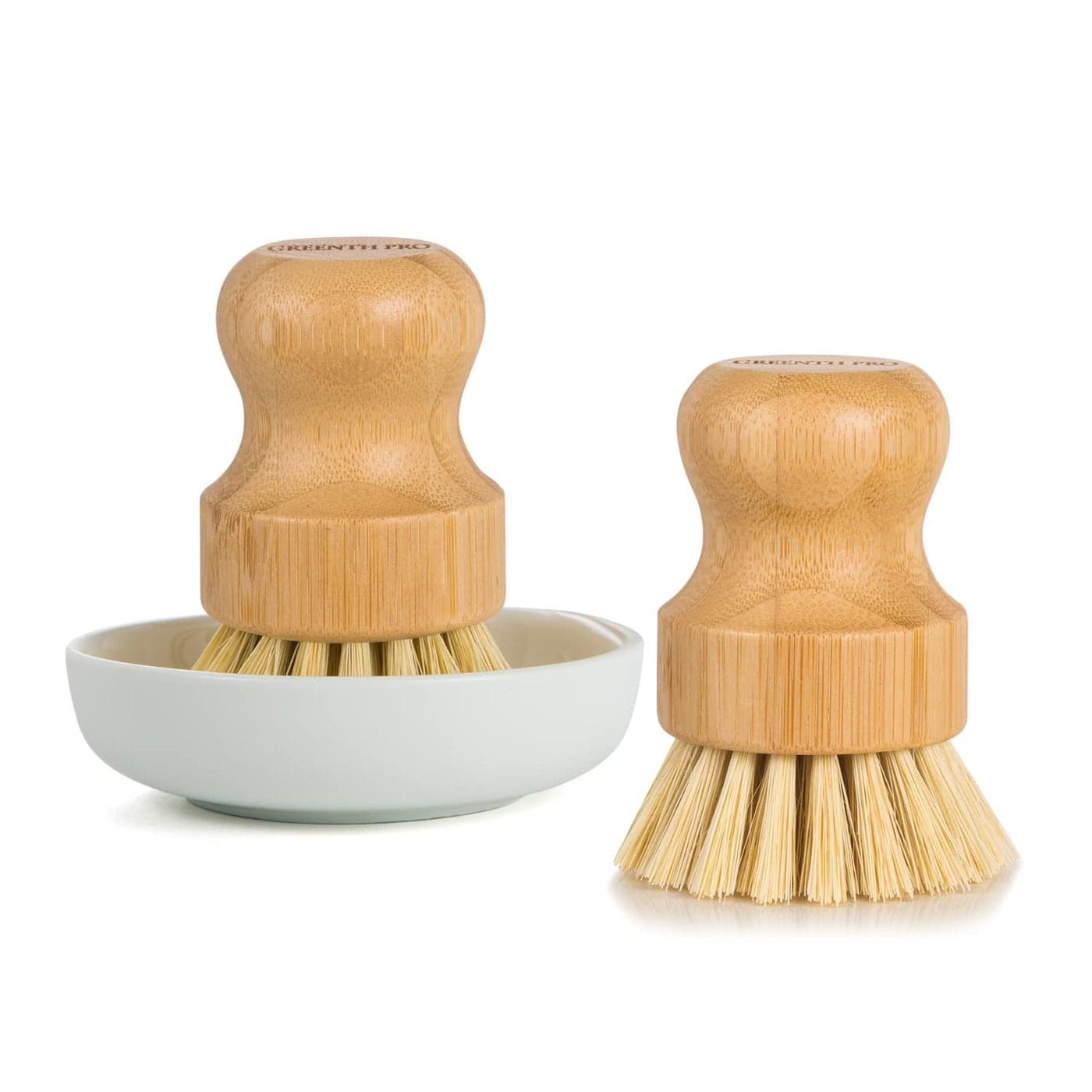 GREENTH PRO Bamboo Dish Brush2 Pack Nature Sisal Scrubber Brush with Ceramics HolderWooden Brush for PotDish and Vegetables