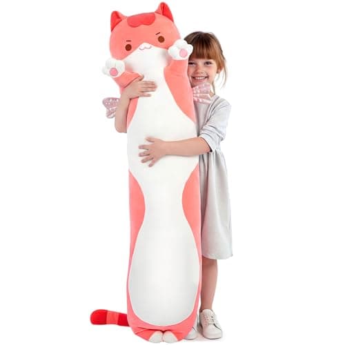Mewaii Long Cat Plush 5 Sizes 120 Extra Filling Giant Plushness Kids Body Pillow Kawaii Cute Pink Cat Stuffed Animals Plushies Big Long Body Pillow Cat Plush Gift for Girls 53