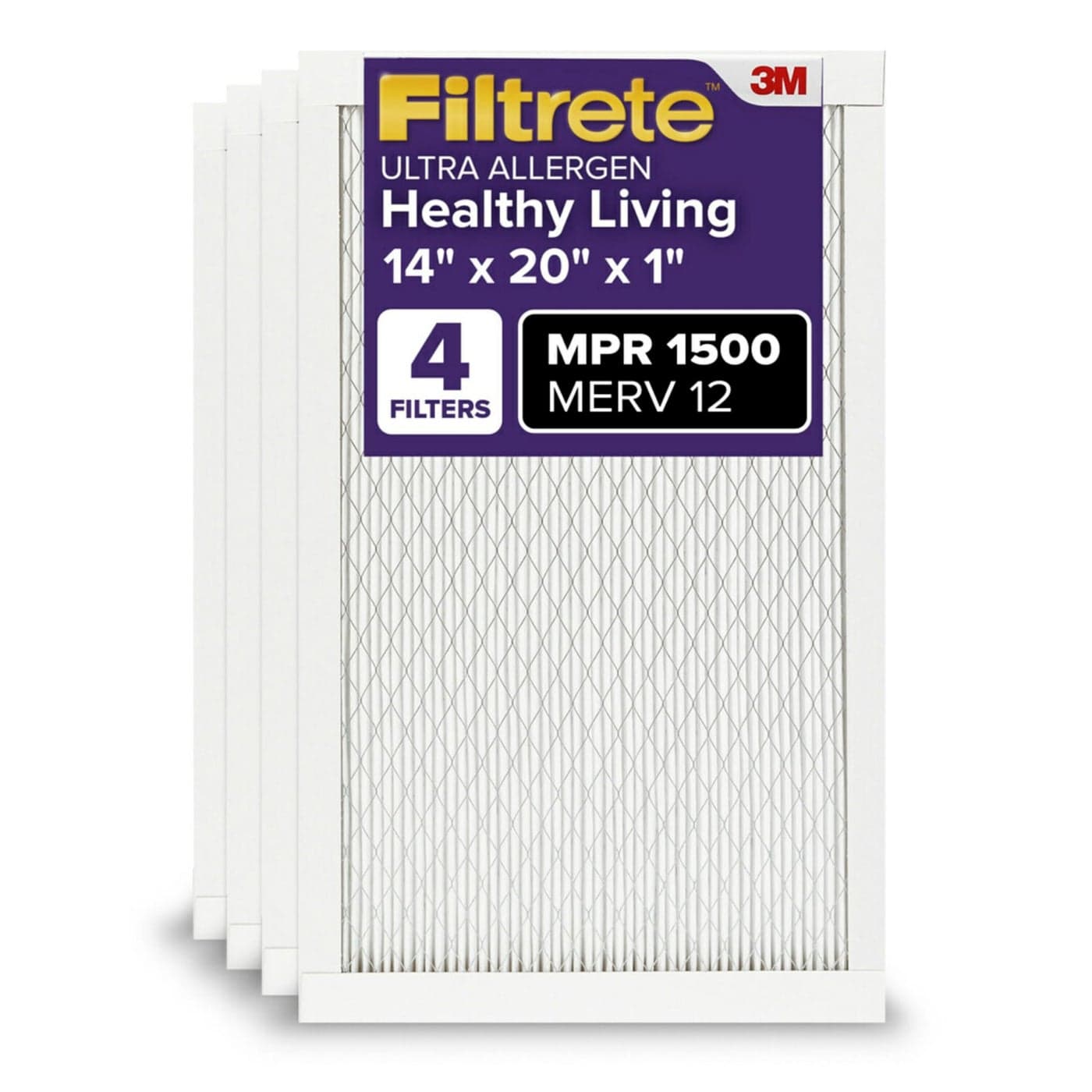 Filtrete 14x20x1 AC Furnace Air Filter MERV 12 MPR 1500 CERTIFIED asthma allergy friendly 3 Month Pleated 1Inch Electrostatic Air Cleaning Filter 4Pack Actual Size 1381x1981x078 in