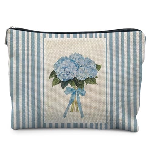 Likjad Blue Hydrangea Makeup Bag Coquette Bow Floral Cosmetic Bags for Women Blue Striped Hydrangea Flower Makeup Pouch Floral Zipper Pouch