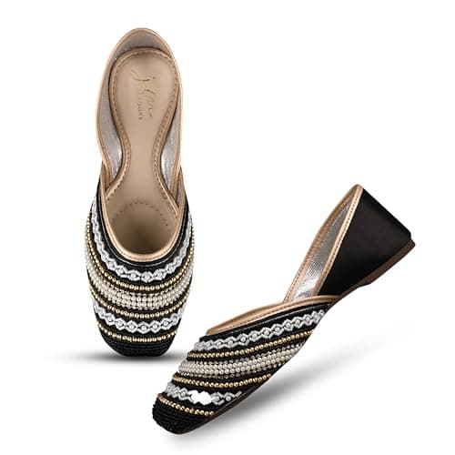 JM LOOKS Stylish Embroidered Jutti for Women/Girls | Embellished Stone Work Jutti | Wedding Bellies | Women Ethnic Shoe Traditional Mojari | Kolhapuri/Jaipuri/Punjabi Jutties | (Black, 36)