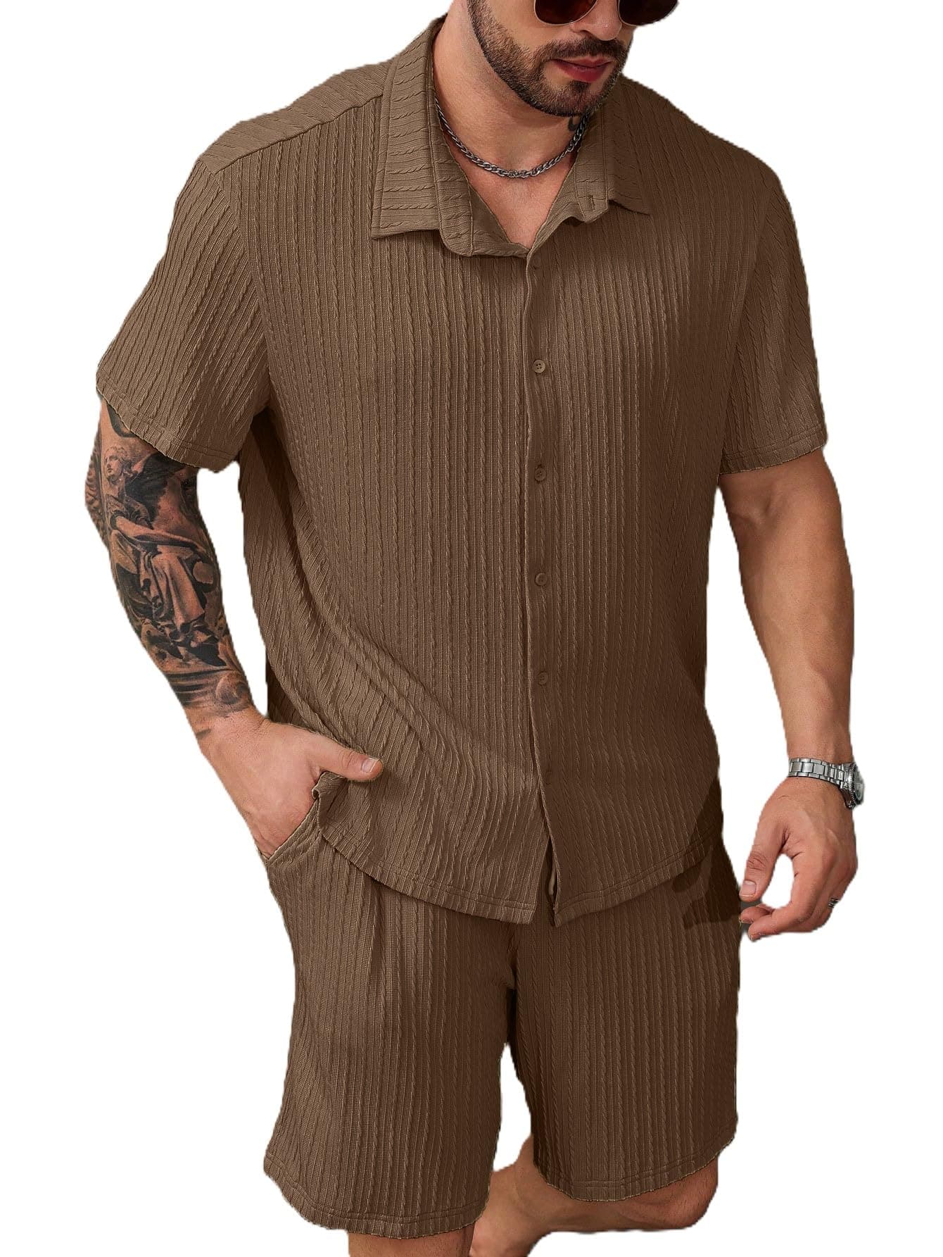 RAIZAX Men Co-ord Outfits Short Sleeve Crew Neck Summer Shirt and Casual Track Shorts |Top & Shorts Night Suits | Night Wear for Men (Brown_M)