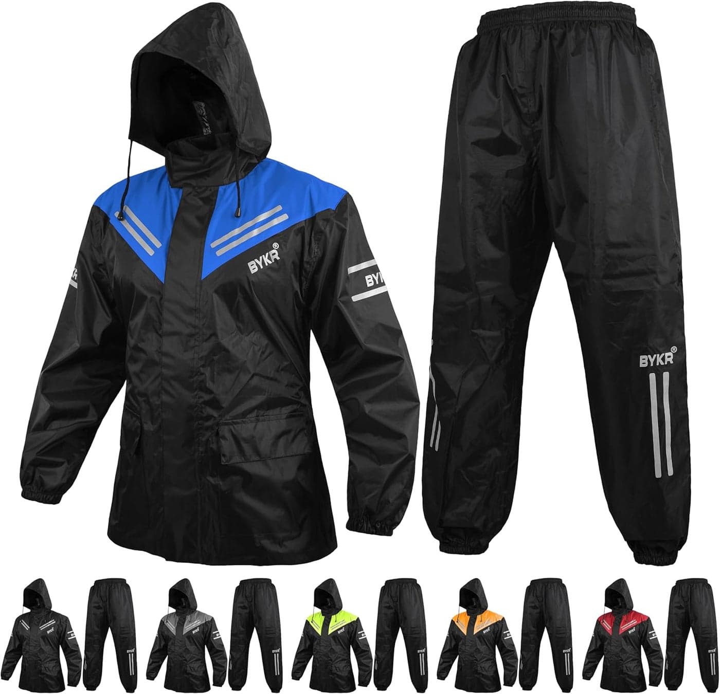BYKR Waterproof Motorcycle Rain Suit for Men & Women - 2-Piece Breathable & Windproof Cycling Gear - Blue - Size S