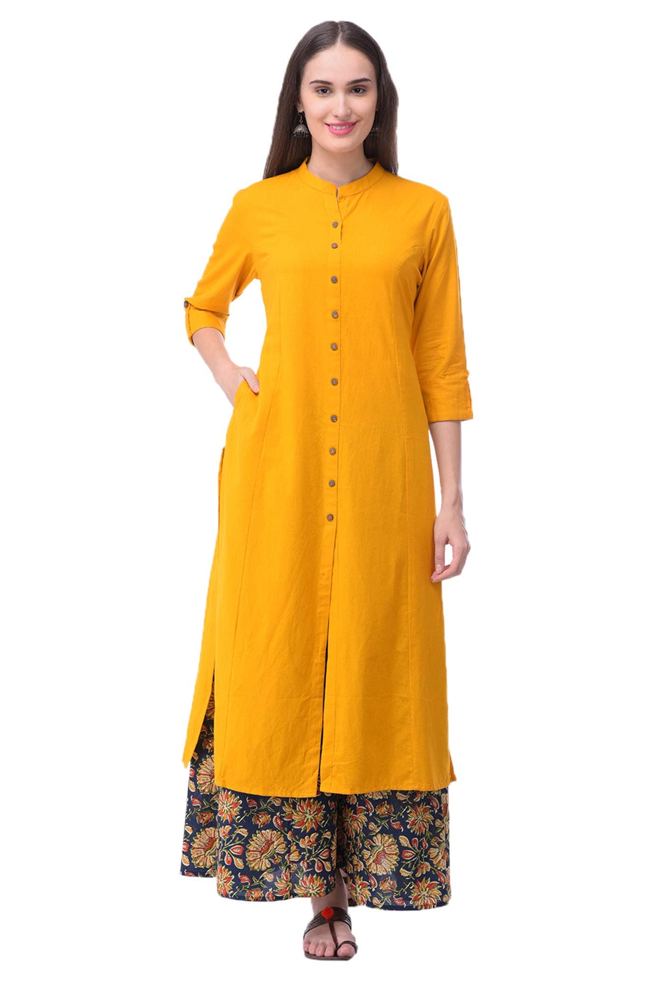 Pistaa's Women's Cotton Readymade Salwar Suit (Mustard Yellow, Large)