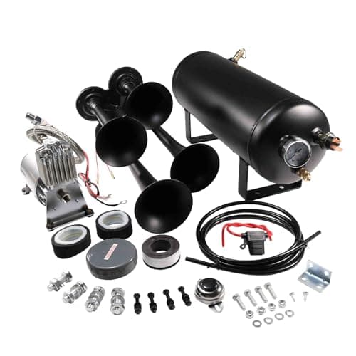 12V 4 Trumpets Train Horn Kit 150psi Complete Onboard System 150psi Air Compressor 1.5 Gallon Air Tank 4 Trumpets Fits Any Vehicle Truck Car Semi Pickup Replacement for Jeep RV SUV Super Loud dB