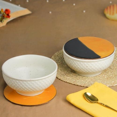The Earth Store Cream Star Ceramic Bowl with Lid Set of 2, 580ML | Multipurpose Uses Coaster/Lid | Dishwasher & Microwave Safe Bowl | Ideal for Rice, Dal, Fruits, Salad, Snack Bowl | Mixing Bowl